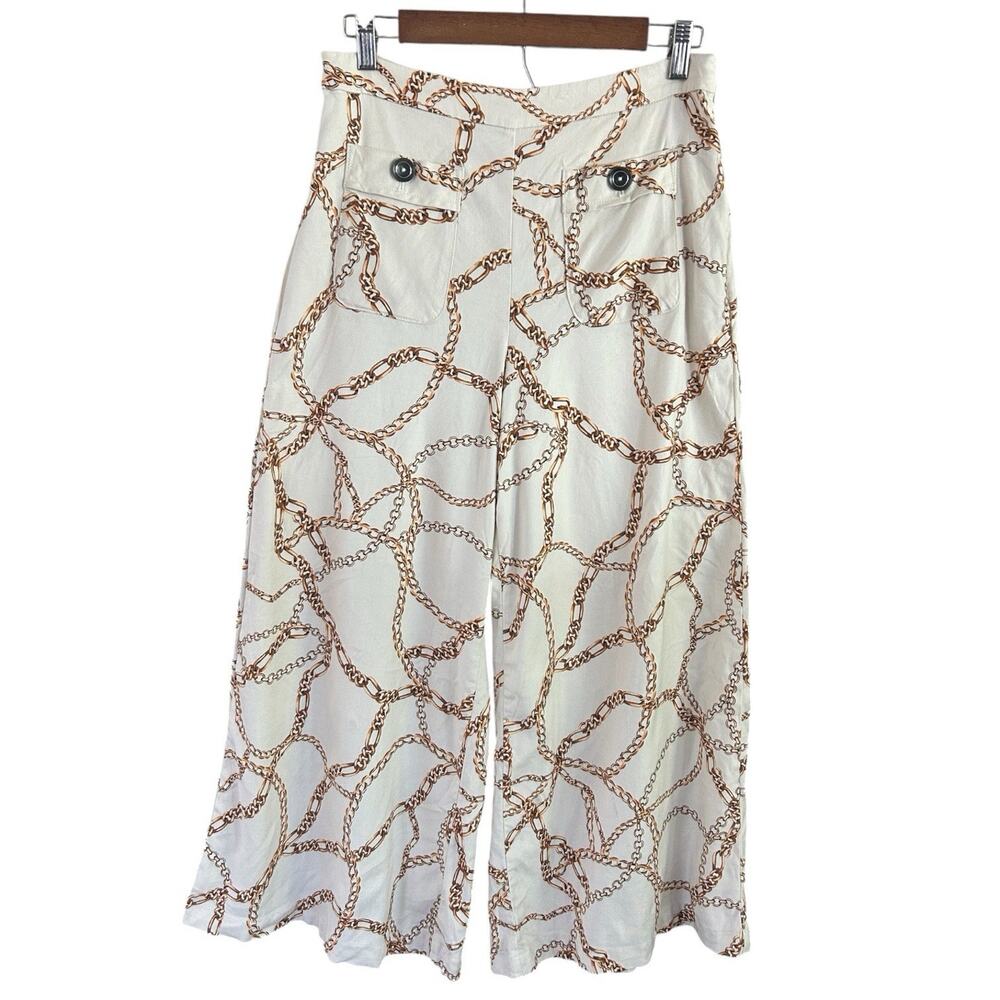 Anthropologie Maeve Chain Print Palazzo Pants Size 6 Linen Blend Wide Leg